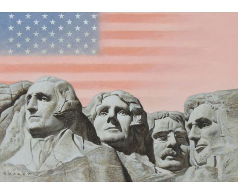 Howard Koslow (American, 1924 - 2016) "Mt. Rushmore and U.S. Flag" Signed lower left. Original Acrylic painting on Cold Press