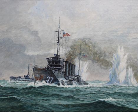 Brian Sanders (British, B. 1937) "USS Fanning &amp; USS Nicholson" Signed lower right. Original Oil painting on Masonite. Pro