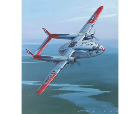 Jack Fellows (American, B. 1941) "C-119C Flying Boxcar" Signed lower right. Original Oil painting on Masonite. Provenance: Co