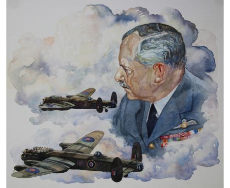 Brian Sanders (British, B. 1937) "Arthur T. Harris and Avro Lancaster" Original Watercolor painting on paper. Provenance: Col