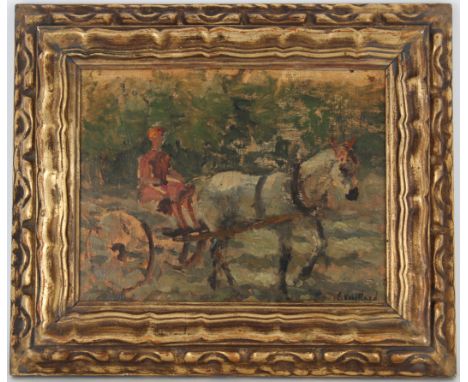 Edouard Vuillard (France, 1868-1940) painting of a woman in a horse-drawn carriage. Signed lower right. Oil on Wood Panel. Pr
