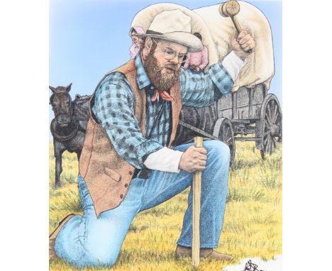 John Benson (American, B. 1949) "Oklahoma Territory Land Rush/Homesteader" Signed lower right. Original Mixed Media painting 