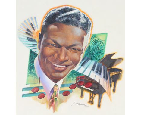 Dennis Lyall (American, B. 1946) "Nat "King" Cole" Signed and dated lower center. Original Oil painting on Hot Press Illustra