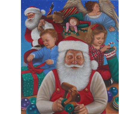Michael Garland (American, B. 1952) "Santa Claus and the Children" Signed lower right. Original Oil painting on Cold Press Il