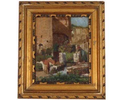 Neapolitan School (19th C) "The Laundresses" Oil on Wood Panel. Appears to be unsigned, has not been examined out of frame. S