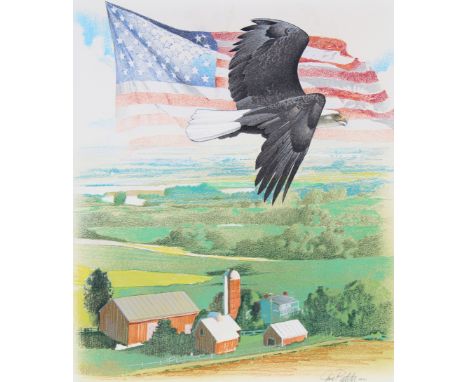 Jim Butcher (American, B. 1944) "Spacious Skies/Flag &amp; Eagle over Farm" Signed lower right. Original Oil/Pastel on Cold P