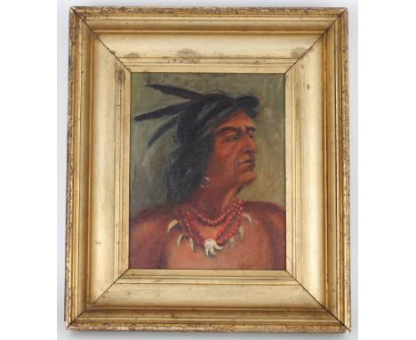 American School, Antique Native American Portrait. Housed in a gilt frame. Oil on board. Appears to be unsigned, has not been