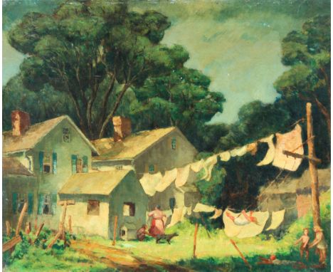 George Waller Parker (NY, MA, 1888-1957) WPA era painting of a clothesline with children playing in the foreground. Signed lo