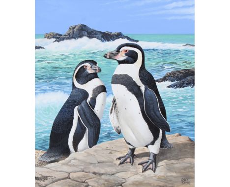 Chuck Ripper (American, B. 1929) "Humboldt's Penguins" Signed lower right. Original Gouache Water Color on Masonite. Provenan