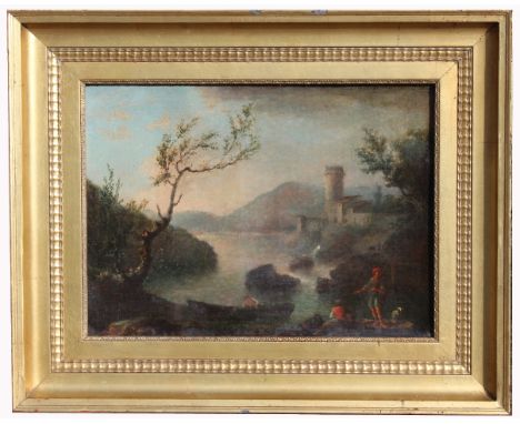 Old Master Italian Landscape Painting with Figures. Oil on canvas. Appears to be unsigned. Housed in a gilt frame. Sight Size