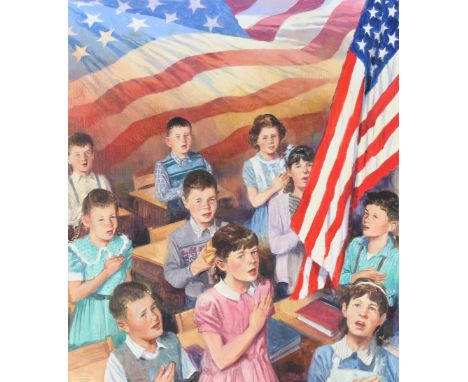 Dennis Lyall (American, B. 1946) "The First Pledge of Allegiance" Signed lower center. Original Oil painting on Canvas. Prove