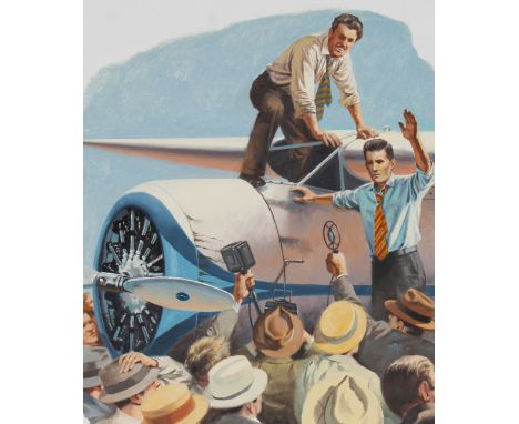Harry Schaare (New York, Arizona, 1922 - 2008) "Wiley Post and Harold Gatty" Signed lower right. Original Oil painting on Mas