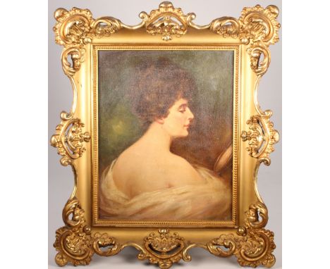 Antique Portrait Painting of a Young Woman. Housed in a gilt frame. Appears to be unsigned, has not been examined out of fram