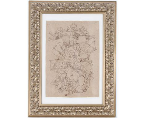 Italian School, Old Master Drawing, Study of Classical Weaponry, 17th/18th C. Ink on Paper. Sight Size: 10.5 x 8.5 in. Overal