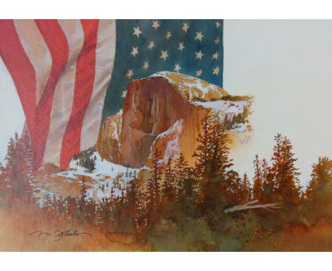 Mark Schuler (American, B. 1951) "Flag over Yosemite" Signed lower left. Original Watercolor painting on Illustration Board. 