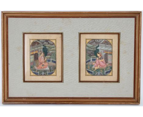 Antique 2-Part Hand Illuminated Persian Manuscript Painting. Image Size: 4.5 x 3 in. Overall Framed Size: 11 x 16 in.