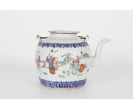 Chinese Qing Dynasty Famille Rose Porcelain Teapot. Marked on bottom of the vessel. Depicting several characters throughout t