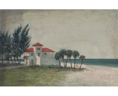 Edward Leonard (NY/Florida, 1901 - 1968) Oil on canvas painting of figures at the beach near a large estate. Possibly Sarasot