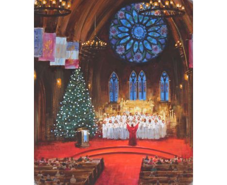 Mel Crawford (Canadian, B. 1925) "Carolling in Cathedral at Christmas" Signed lower right. Original Mixed Media painting on I