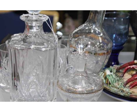 THOMAS WEBB CRYSTAL DECANTER AND FOUR GLASSES
all labelled, together with two early 20th century glass ewers, a masonic blue 