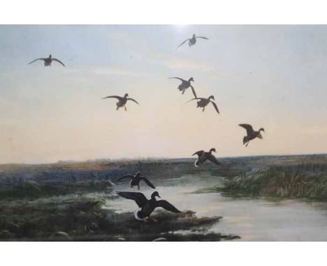COLOUR LITHOGRAPH AFTER PETER SCOTT
signed in pencil, mounted, framed and under glass, together with other pictures, includin