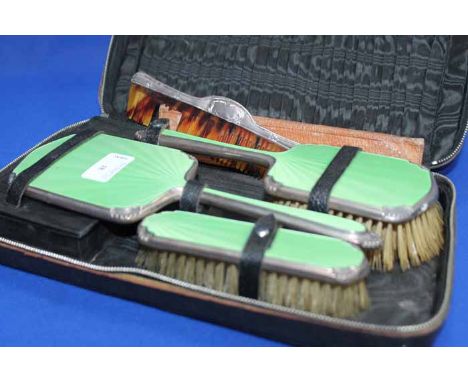 SILVER AND GREEN GUILLOCHE ENAMEL SILVER BACKED DRESSING TABLE SET