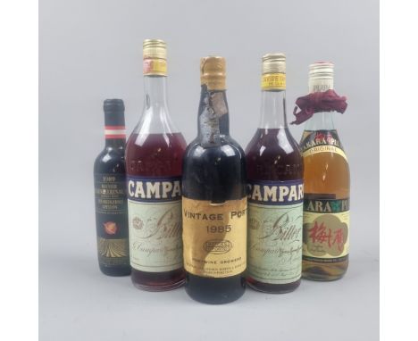 Collection of various Port, Wine and Spirits to include 1985 Vintage Port (Please note sign of leak, neck fill level) 2 Bottl