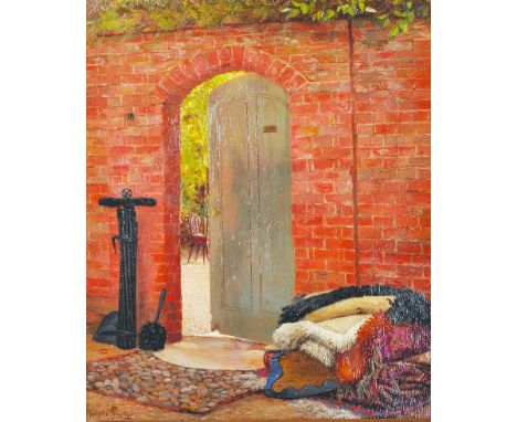 Jessica Hayllar (1858-1940) British “House Cleaning”, an Open Garden Door with Carpets, and tools for a Chimney Sweep, and St