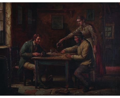 Septamus Dawson (1851-1914) British An Interior of a Tavern, with Men Playing Domino’s, and a Girl serving drinks, Oil on Can