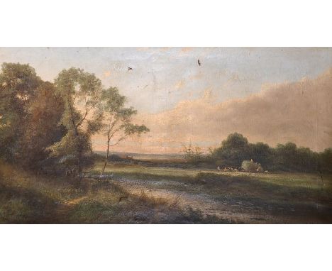 R… Perry (19th – 20th Century) British A Hay Making Scene, Oil on Canvas, Signed, Unframed, 21 5” x 39”