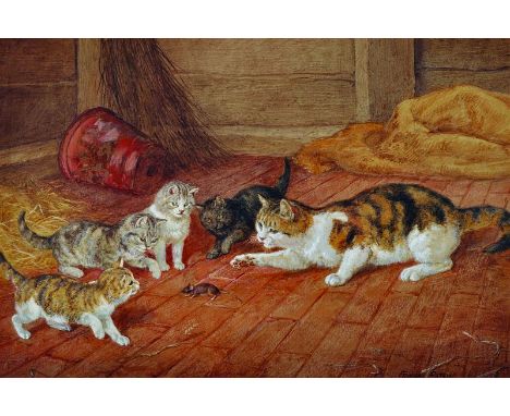 Frank Paton (1856-1909) British “The First Lesson”, Interior of a Cottage with a Cat and Her Kittens, Playing with a Mouse, W