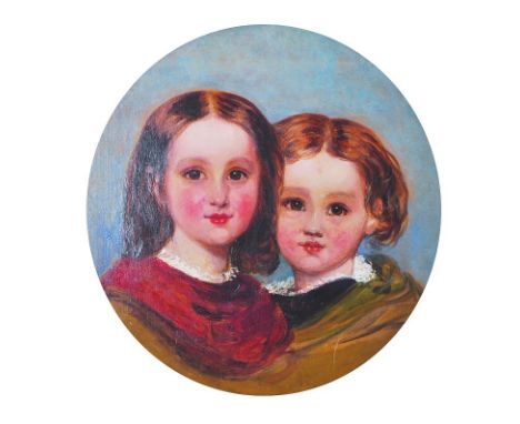 19th Century English School Portrait of Two Young Children, Oil on Canvas, Painted Circular, 18” x 18”