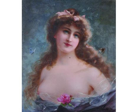 Emile Vernon (1872-1919) French Bust Portrait of a Young Girl, Holding a Rose, with a Pink Bow in Her Hair, Oil on Canvas, Si