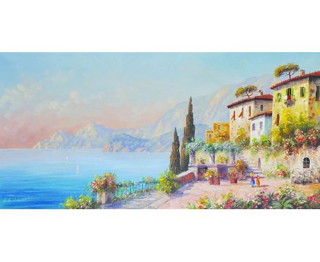 A… Eder (20th Century) Italian An Italian Seascape, with Figures by a Villa in the foreground, Oil on Canvas, Indistinctly Si