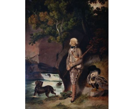 Thomas Heaphy (1775-1835) British A Full Length Portrait of a Man, in shooting attire, holding a Gun, standing on a riverbank