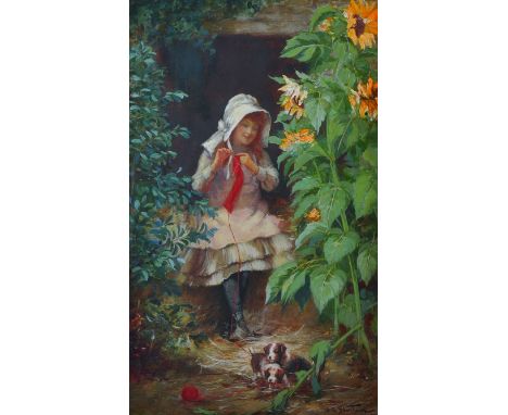 Arthur Charles Shorthouse (1870-1953) British A Young Girl Seated, Knitting beside Sunflowers, Puppies Playing with the ball 