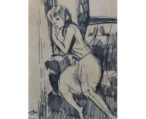 Harold Wood (1918-2014) British A Young Girl Leaning on the edge of a Sofa, Felt Tip Pen, Signed, 6” x 4 5”