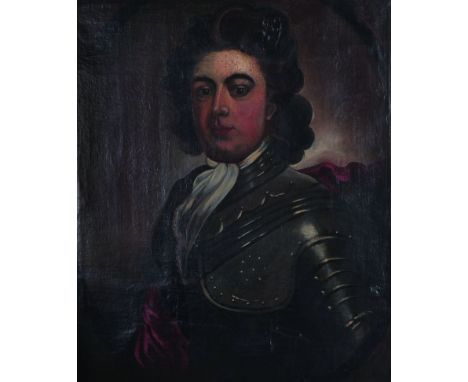 19th Century English School Portrait of a Man Dressed in Armour, Oil on Canvas, Painted Oval, 30” x 25”