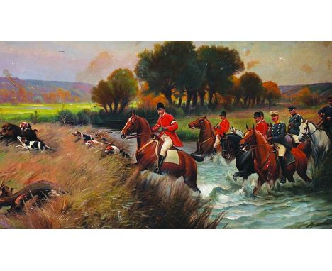 Carl Zander (1872- ) German A Boar Hunting Scene, With Men on Horses Crossing a River, Oil on Board, Signed, 33 5” x 57 5”