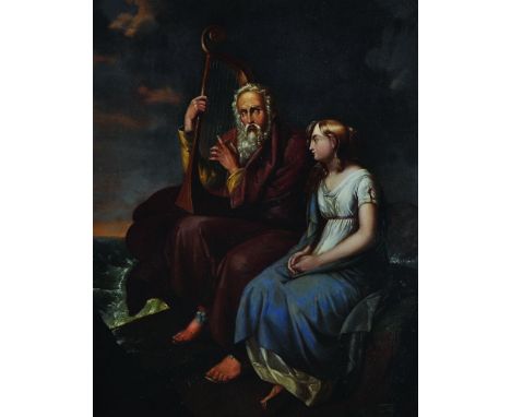 19th Century German School A Coastal Scene, with a man playing a harp to a young girl, Oil on Metal, 14” x 11”