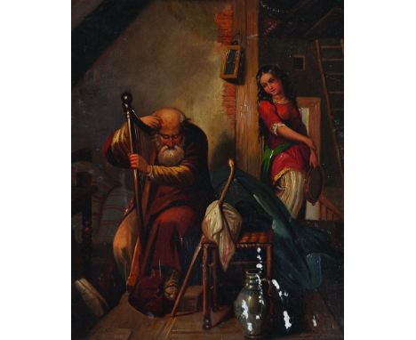 19th Century German School A Cottage Interior, with a Harp Player, Oil on Metal, Indistinctly Signed, 9 5” x 8”, and the comp