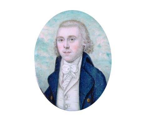 19th Century English School Portrait of a Man, wearing a blue coat, with a shirt and waistcoat, Watercolour with Plated Hair 