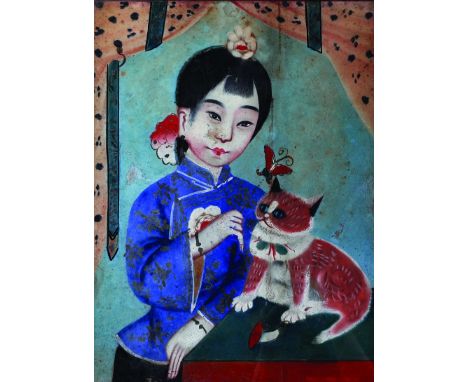 19th Century Chinese School Portrait of a Girl with a Cat, Oil on Glass, a reverse painting, 16” x 12”