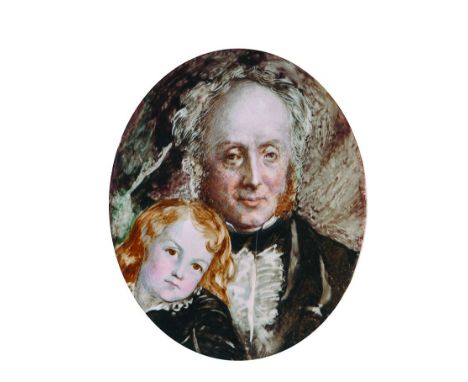 Circle of Ford Madox Brown (1821-1893) British Portrait of a Father and Daughter, the Father dressed in a black coat, a white