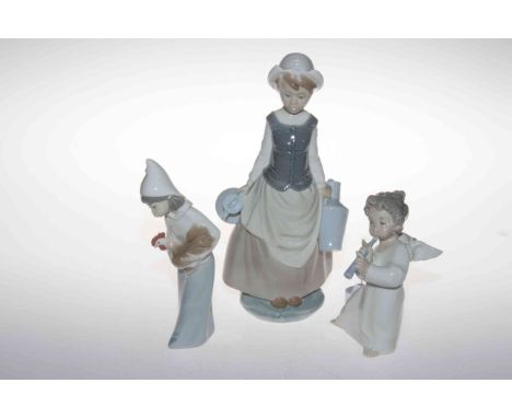 Three Lladro figures including Girl with Rooster, Milk Carrier and Angel Playing the Flute.
