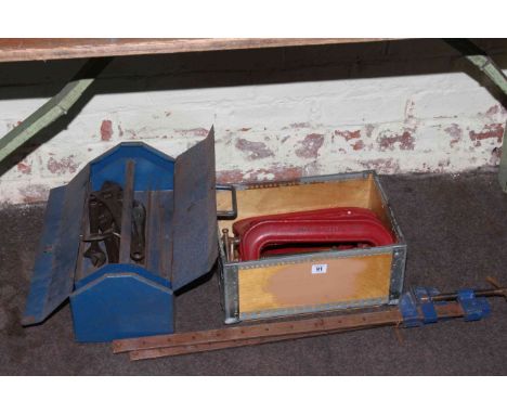 Box of various engineering tools, wrenches, G cramps, sash cramps, etc.