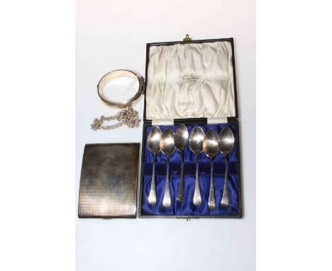 Set of six silver spoons, compact, bangle and necklace.