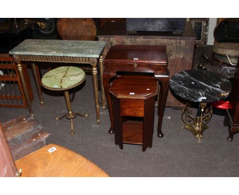 Marble topped console table, trinket table, sewing table and two occasional tables (5).