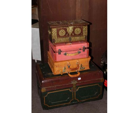 Small Eastern hardwood and brass two drawer box, pair matching cases, leather combination lock case and tin trunk (5).