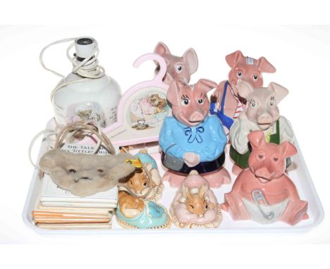 Five Wade Natwest pigs, three Pendelfin rabbits, Mrs Tiggy Winkle lamp, Beatrix Potter books, Steiff purse, etc.